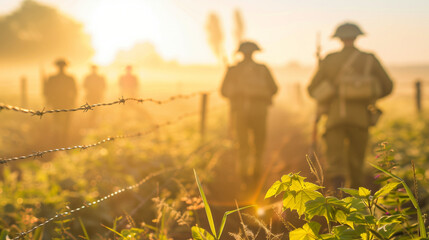 Soldiers in vintage uniforms standing in a misty battlefield with trenches and barbed wire, symbolizing historical combat and wartime resilience.