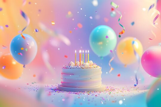 Festive Birthday Cake with Balloons and Confetti