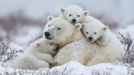 white polar bear cubs and mom cuddle at outdoor snowfield 