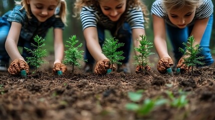 Young girls planting trees together in the forest