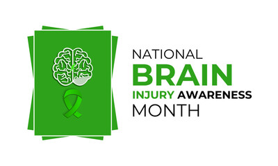 National Brain Injury Awareness Month is March Banner design template. Green ribbon with Human brain and stethoscope vector isolated on a white green colour background.