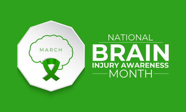 National Brain Injury Awareness Month is March Banner design template. Green ribbon with Human brain and stethoscope vector isolated on a white green colour background. - Powered by Adobe