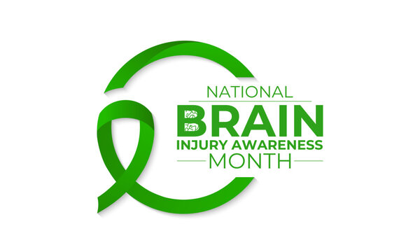 National Brain Injury Awareness Month is March Banner design template. Green ribbon with Human brain and stethoscope vector isolated on a white green colour background.