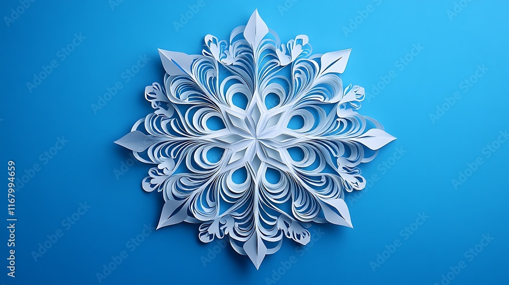 Aufkleber intricately crafted paper-cut snowflake with swirling patterns and perfect symmetry, highlighted on 