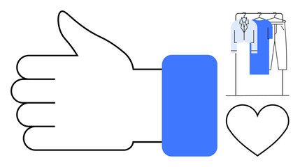 Thumbs up gesture with blue cuff, heart shape, and clothing on rack including shirts and pants. Ideal for social media, fashion, branding, marketing, customer feedback, online shopping positivity