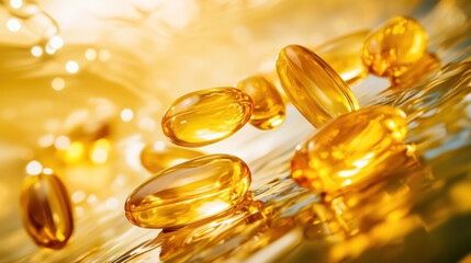 macro of yellow oil capsules vitamins supplements background golden sunlight bright light