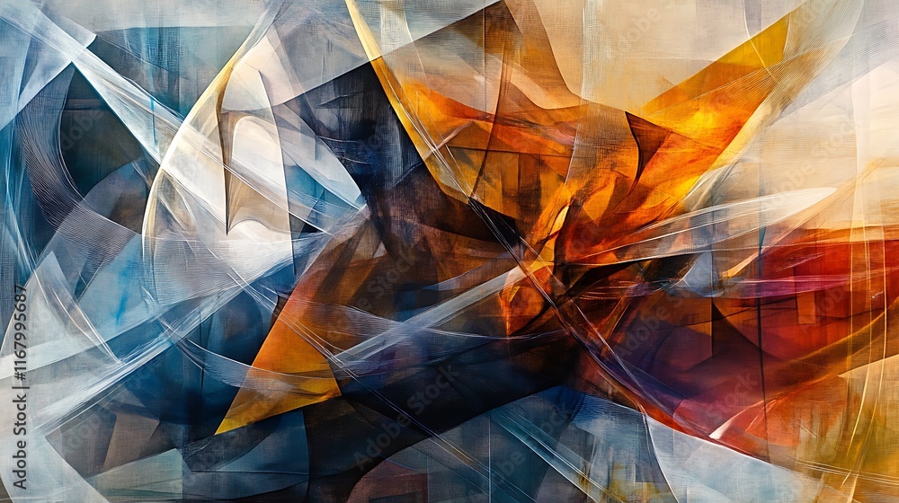 Aufkleber layers of transparent shapes overlapping to form a complex and dynamic abstract composition, with de