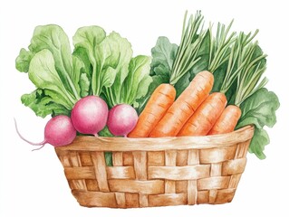 Whimsical watercolor of a woven basket filled with an assortment of fresh vegetables including carrots radishes and leafy greens  The vibrant natural colors and rustic style create a charming