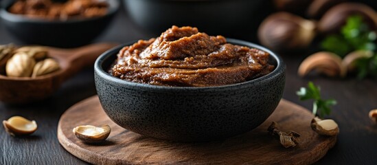 Homemade assortment of mixed nuts including almonds walnuts cashews and pecans served in a wooden bowl on a rustic autumn inspired background with fallen leaves  A healthy high protein