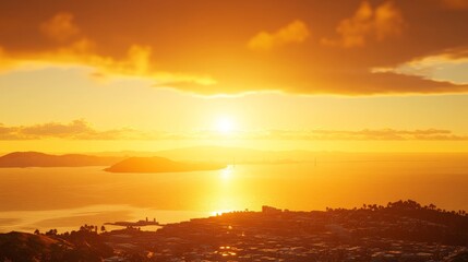 Fototapeta premium Breathtaking Sunset Over Calm Waters with Glowing Horizon and Dramatic Clouds Illuminating the Landscape in Golden Hour Setting