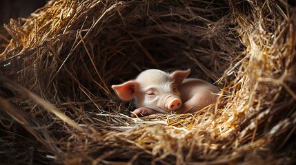 Peaceful Piglet Sleeping Soundly In Hay Nest