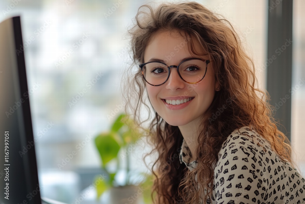 Aufkleber a young woman accountant with curly hair and glasses smiles at the camera while sitting at a desk wi