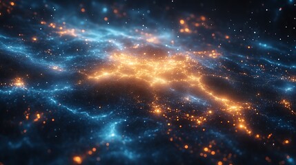 Fototapeta premium Abstract cosmic energy, glowing nebula with blue and orange particles.