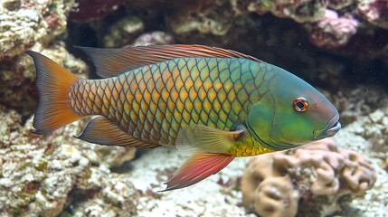 Vibrant Underwater Scene Featuring a Colorful Parrotfish Swimming Gracefully Among Coral Reefs in a Lively Marine Environment Full of Life and Colorful Marine Life
