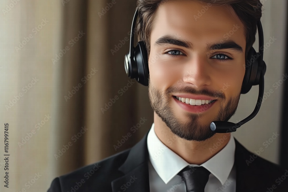 Aufkleber a young man call center operator in a suit wearing a headset, smiling confidently. he is in a profes