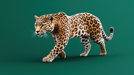 Fototapeta premium A realistic depiction of a leopard walking against a green background.