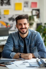 Obraz premium A smiling young man designer with dark hair and a beard, wearing a denim jacket, sitting at a desk filled with design materials in a creative workspace. 