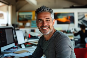 Obraz premium A smiling middle-aged designer man with gray hair sitting at a desk in a modern office. He is wearing a gray sweater and looking directly at the camera. 
