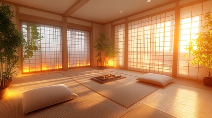 Fototapeta premium Serene meditation space at sunset japanese style architecture