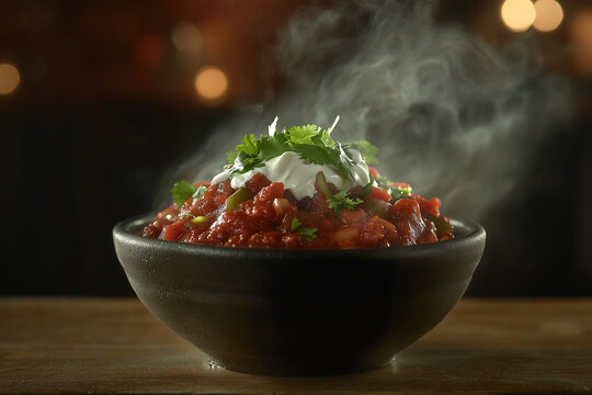A steaming bowl of fiery red chili loaded with spicy peppers, garnished with fresh cilantro and a drizzle of sour cream, with copy space.