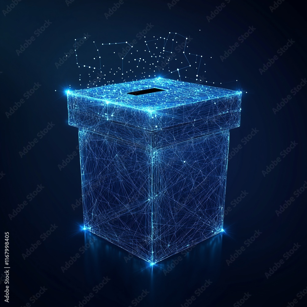 Poster low poly wireframe rendering of a digital ballot box, isolated on a solid dark blue background, crea