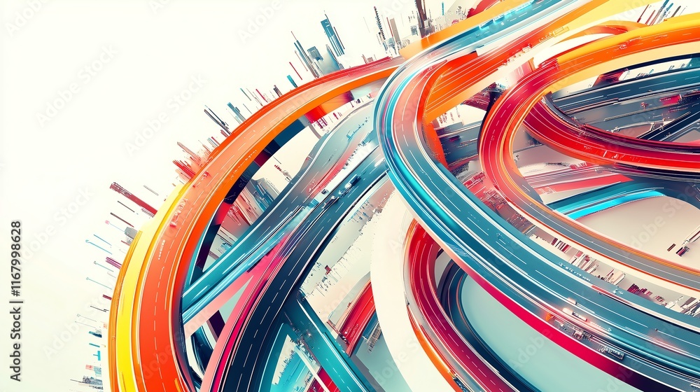 Poster abstract road network from an overhead perspective, featuring colorful, flowing highways and sharp i