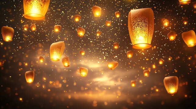 An enchanting Thai cultural festival background featuring golden lanterns floating in a dark brown sky, intricate kanok patterns, and a rain of glittering confetti.