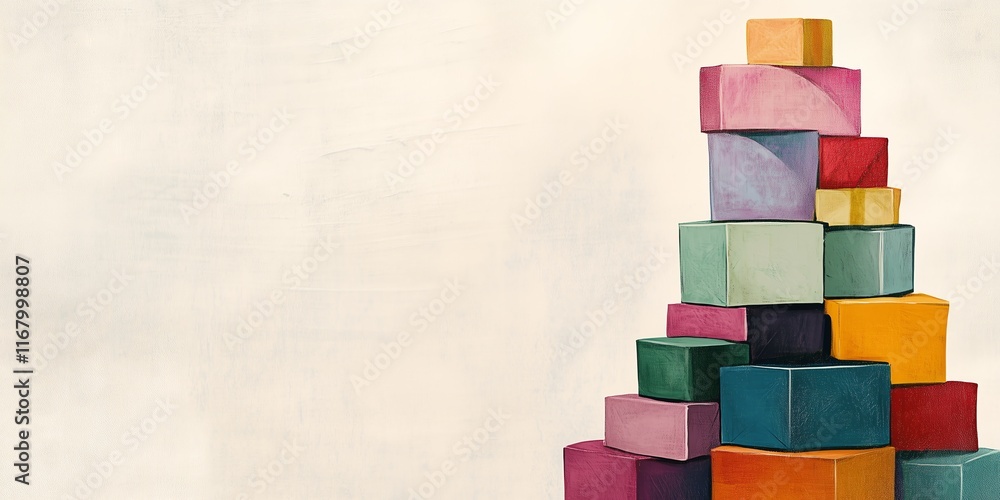 Poster colorful gift boxes stacked neatly in ascending order like a tree, on a neutral background, creating