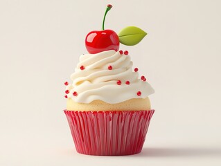 3D cherry icon with leaves, paired with a cupcake illustration in cartoon minimal style, isolated on a white background. 