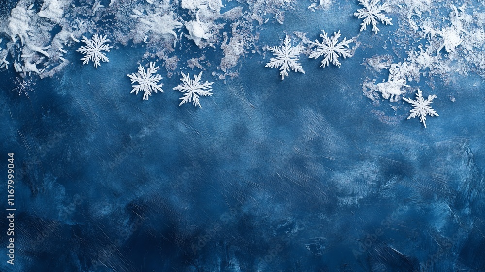 Poster subtle white snowflakes spread lightly across a deep blue textured background, creating a tranquil a
