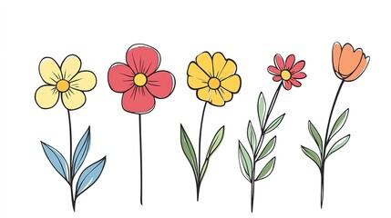 Obraz premium Minimalist cartoon flowers, simple lines on a white background, elegant and clean illustration. 