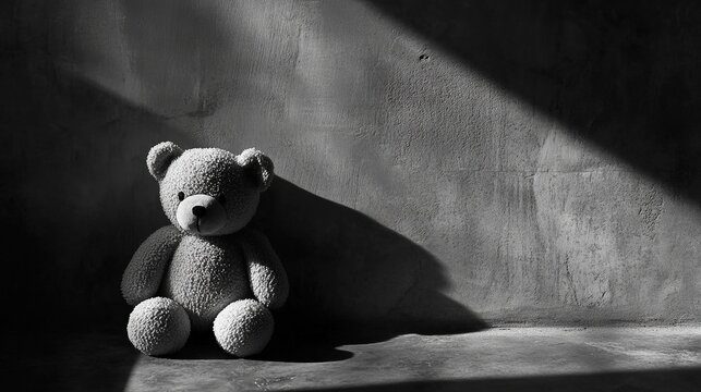 Teddy bear sits against wall in dark room, light shining down.