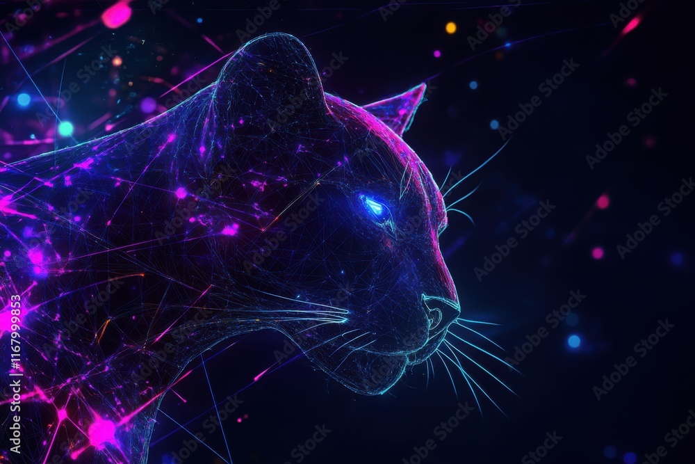 Aufkleber high-tech glowing black panther design with plexus lines and bright laser patterns on a dark neon bl