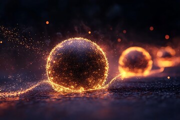 3D render of glowing spheres surrounded by particles and neon light trails 