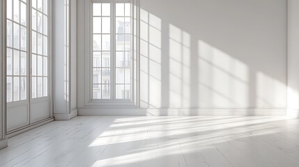 Fototapeta premium Bright sunlight streaming through white modern room windows