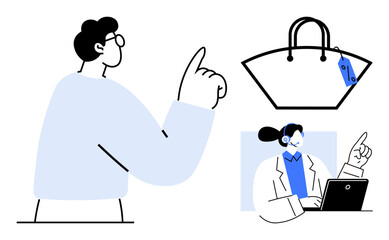 Person points toward a handbag with price tag customer support representative assists via laptop. Ideal for e-commerce, online shopping, customer service, retail, tech support, fashion
