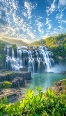 Fototapeta premium Majestic waterfall cascading through lush greenery vietnam nature photography serene environment wide angle perspective natural beauty