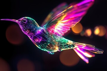 Hummingbird Animal Plexus Neon Black Background Digital Desktop Wallpaper HD 4k Network Light Glowing Laser Motion Bright Abstract 