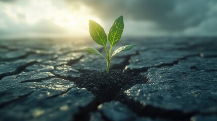 A vibrant green sprout emerges from a deep crack in parched, dry earth, symbolizing resilience, hope, and perseverance amidst adversity. capturing the essence of growth and renewal.