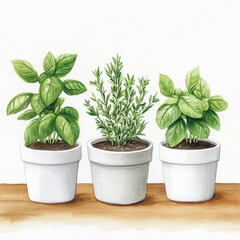 Obraz premium Watercolor of a Herb Garden with Potted Basil Rosemary and Thyme Plants Surrounded by Soft Textures and Pastel Accents Ideal for Home Decor Cooking and Wellness Themes