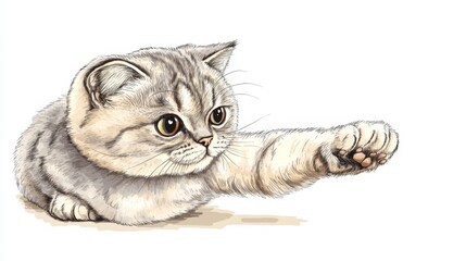 Cute Scottish Fold Cat Playfully Pawing in Cartoon Style on White Background | Adorable Kitten Illustration with Grey Fur for Text Overlay