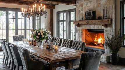 Elegant dining room with fireplace country home interior design