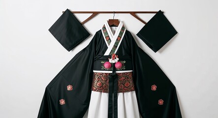 Black theme Korean traditional clothing on plain white background