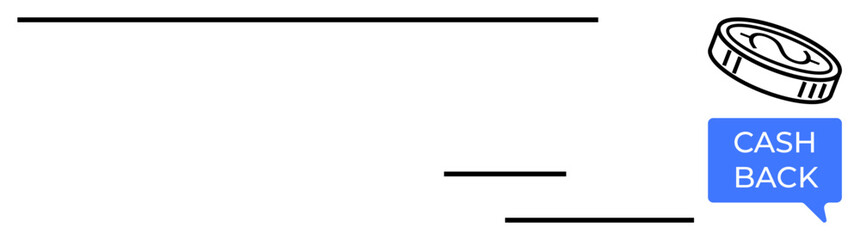 Flying coin and blue Cash Back notification in simple, clean design, conveying money-saving themes. Ideal for finance, rewards, banking, promotions, investments shopping and savings. Modern