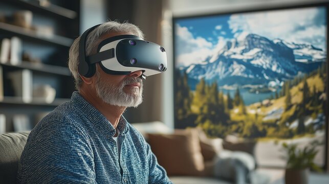 Senior man using virtual reality headset, immersed in a scenic mountain landscape, enjoying innovative technology for exploration and relaxation.