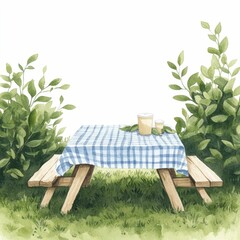 Whimsical watercolor of a wooden picnic table with a gingham tablecloth surrounded by a lush verdant natural setting of soft greenery and foliage  This tranquil rustic scene evokes a sense of cozy
