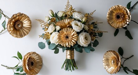 Gold theme flower bouquet on plain white background