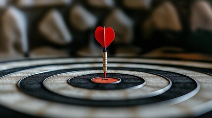 Fototapeta premium Heart-shaped red dart hitting the bullseye on a dartboard, symbolizing precision, love, focus, and achieving emotional or personal goals.