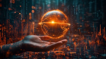 Hand holding a glowing digital globe surrounded by futuristic data and economic indicators, symbolizing global economic transition and soft landing.