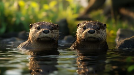 Fototapeta premium Two Curious Otters Emerging from the Water